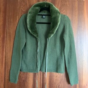 Harold's Cardigan Sweater Wool Faux Fur Collar Green